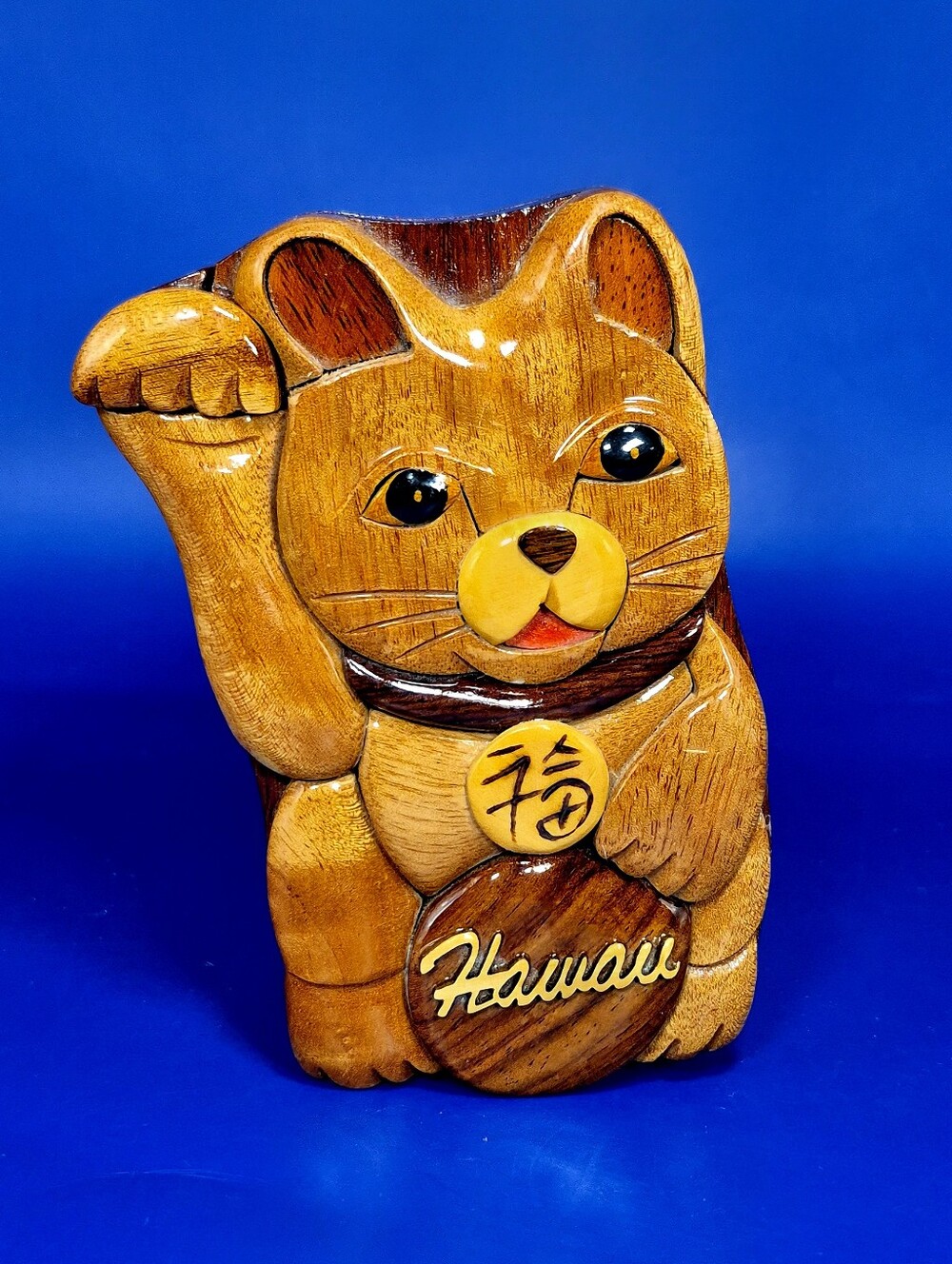 Vintage Hawaii Maneki Neko Lucky Cat Wood Puzzle Box